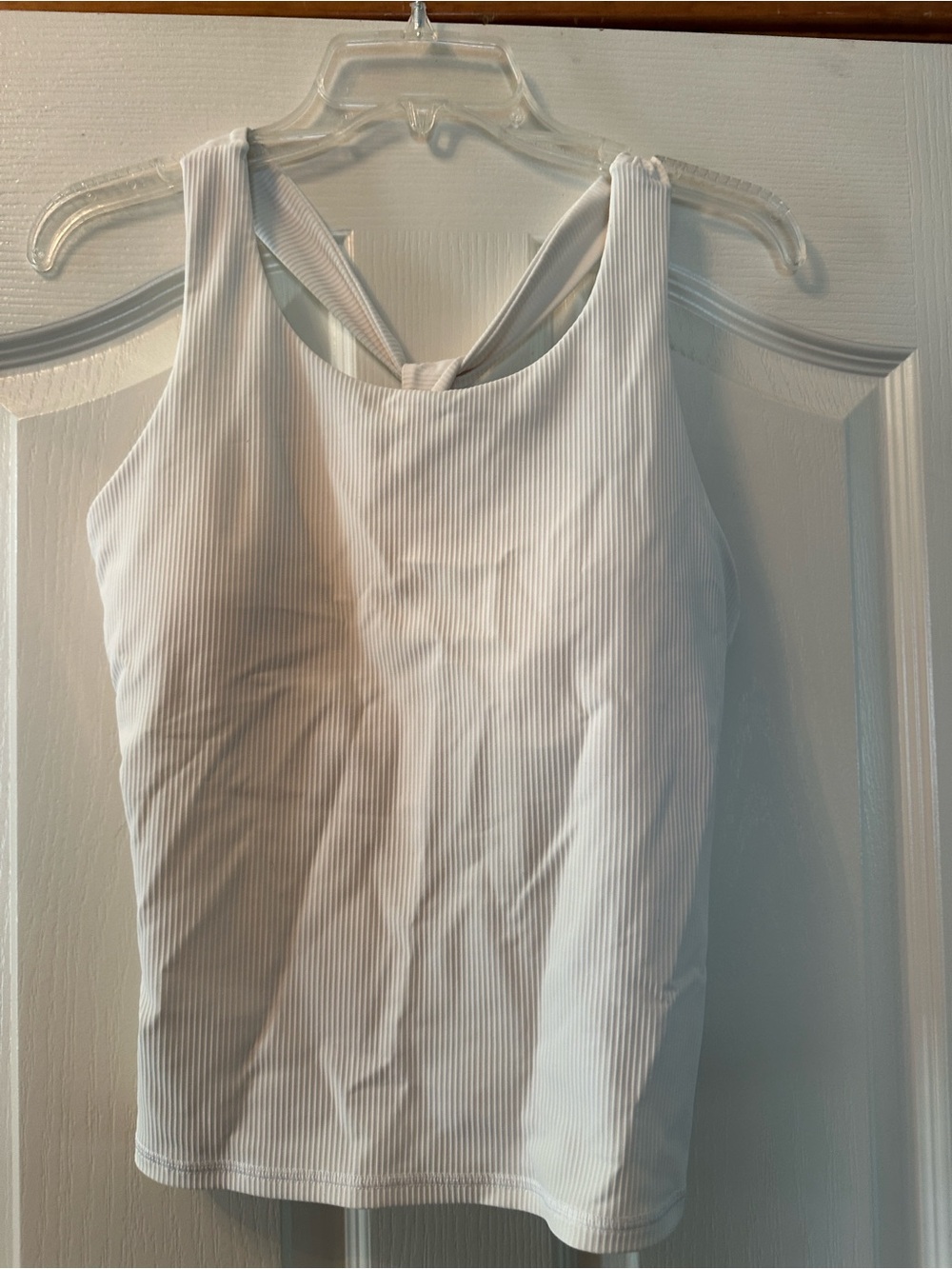 CalmE Women's White Ribbed Tank Top with Twist Back- bra insert